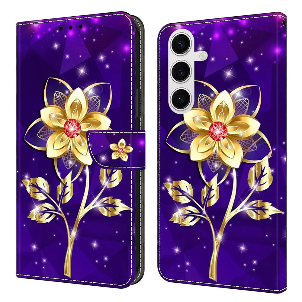 For Samsung Galaxy S26+ Wallet Case Pattern Printing PU Leather Flip Stand Phone Cover - Golden Flowers on Purple - 1