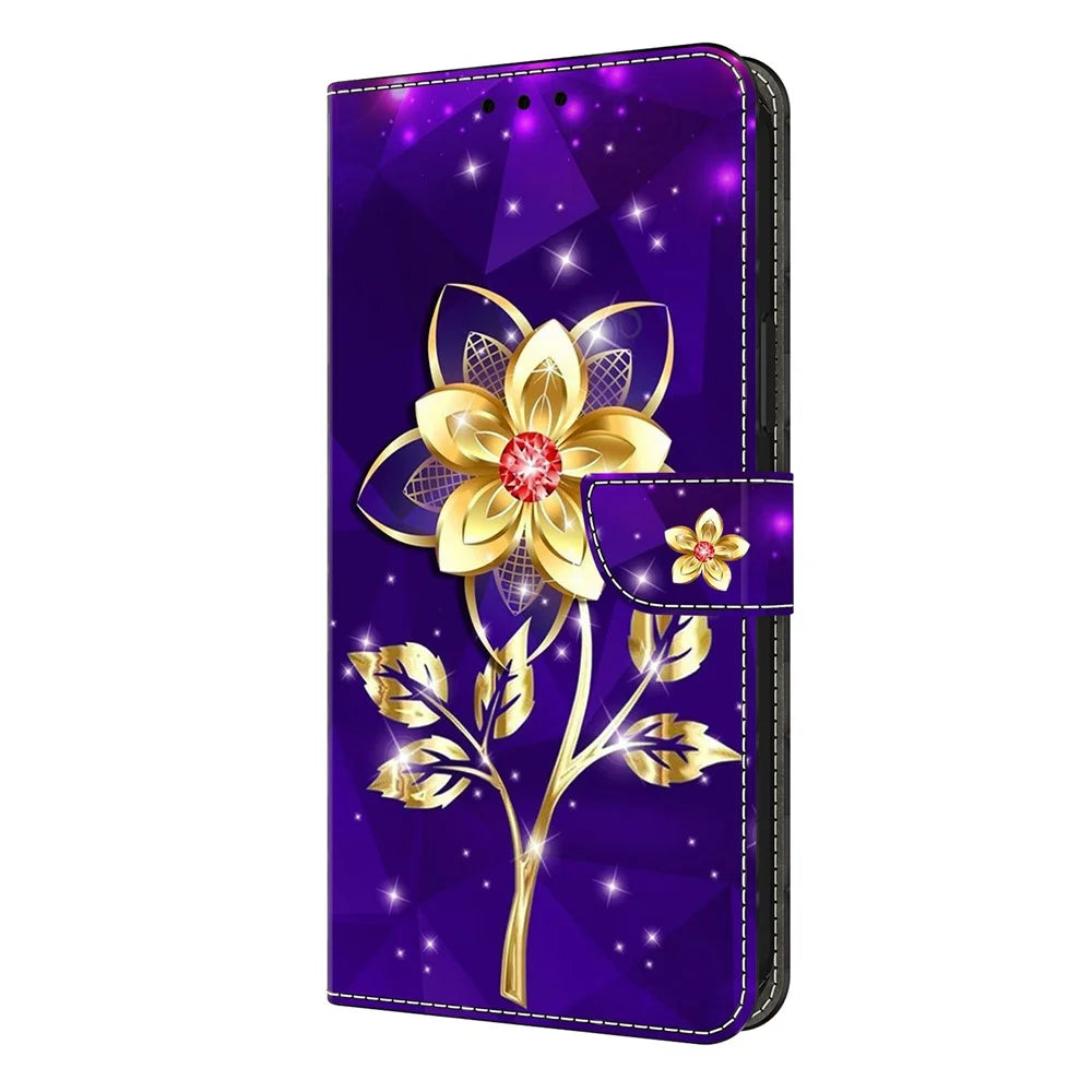 For Samsung Galaxy S26+ Wallet Case Pattern Printing PU Leather Flip Stand Phone Cover - Golden Flowers on Purple - 5