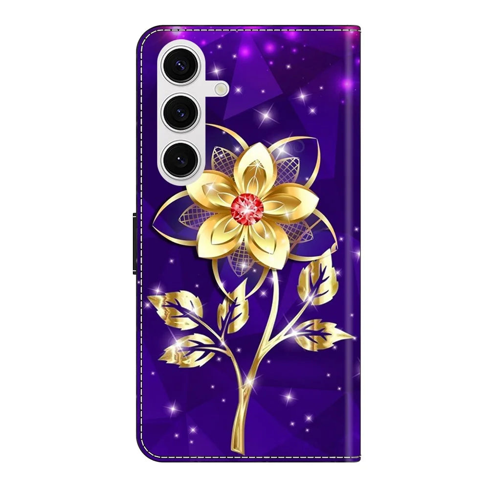For Samsung Galaxy S26+ Wallet Case Pattern Printing PU Leather Flip Stand Phone Cover - Golden Flowers on Purple - 6