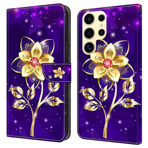 For Samsung Galaxy S26 Ultra Wallet Case Pattern Printing PU Leather Flip Stand Phone Cover - Golden Flowers on Purple - 1