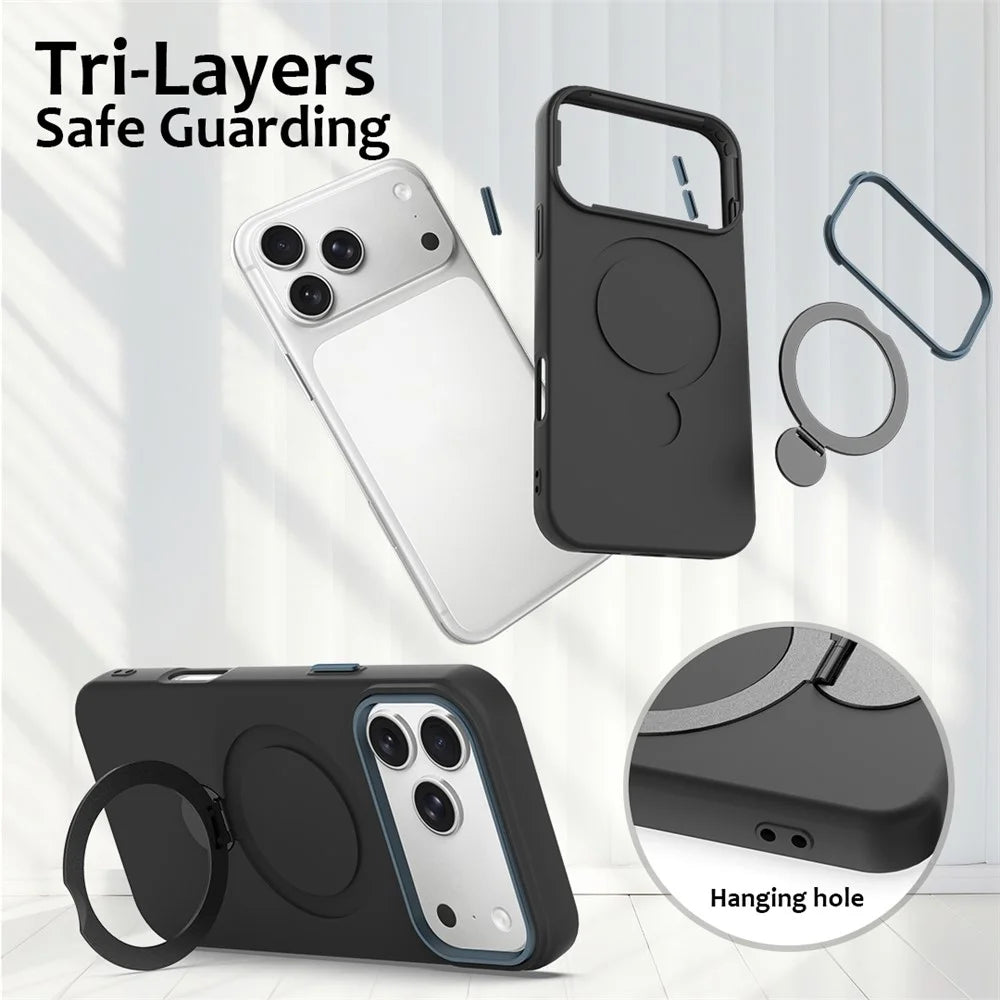 For iPhone 17 Pro Case Compatible with MagSafe Rotating Ring Kickstand TPU + PC Phone Back Cover - Black - 6
