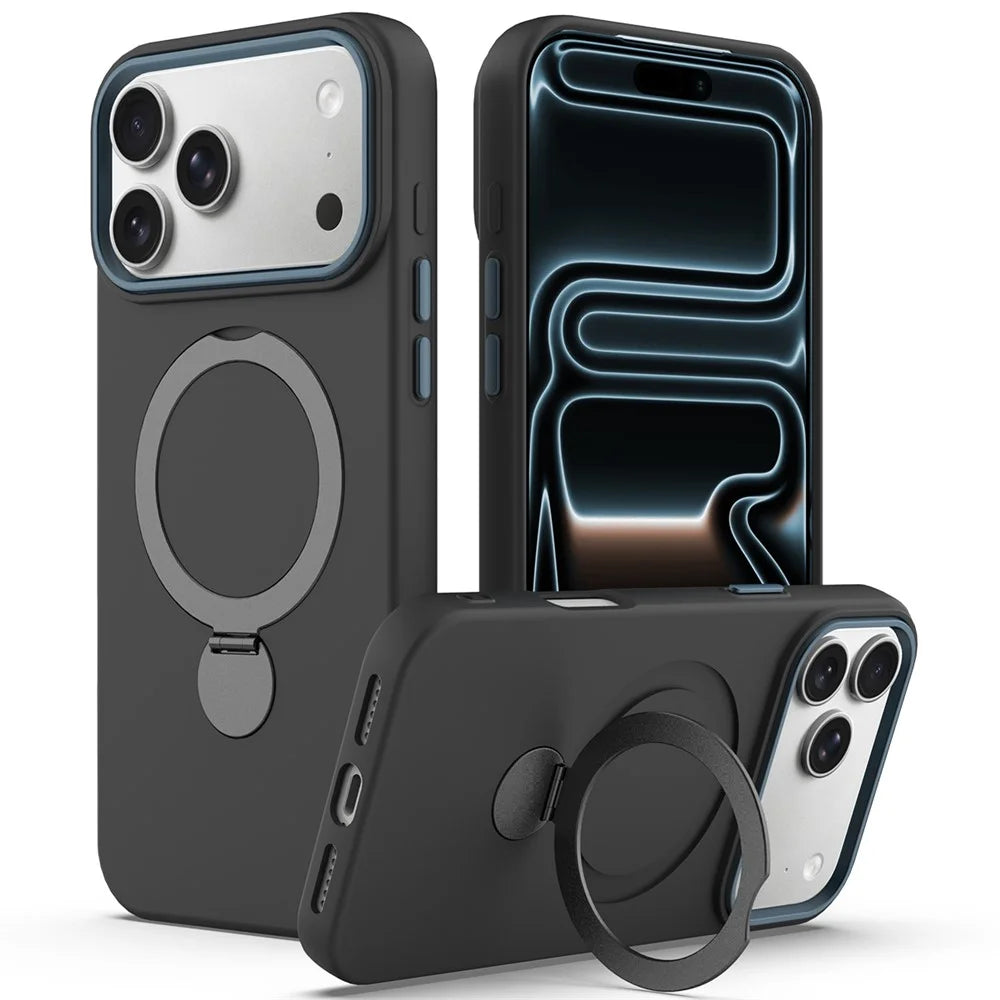 For iPhone 17 Pro Max Case Compatible with MagSafe Rotating Ring Kickstand TPU + PC Phone Back Cover - Black - 1