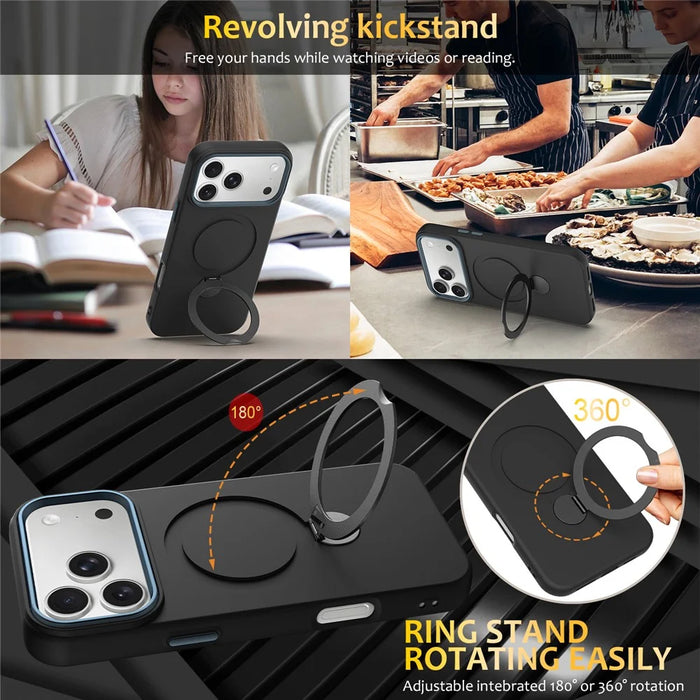 For iPhone 17 Pro Max Case Compatible with MagSafe Rotating Ring Kickstand TPU + PC Phone Back Cover - Black - 5