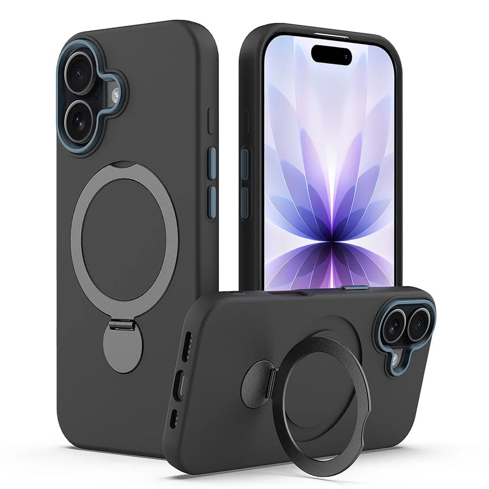For iPhone 16 Case Compatible with MagSafe Rotating Ring Kickstand TPU + PC Phone Back Cover - Black - 1