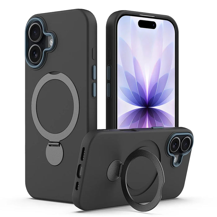 For iPhone 16 Case Compatible with MagSafe Rotating Ring Kickstand TPU + PC Phone Back Cover - Black - 1