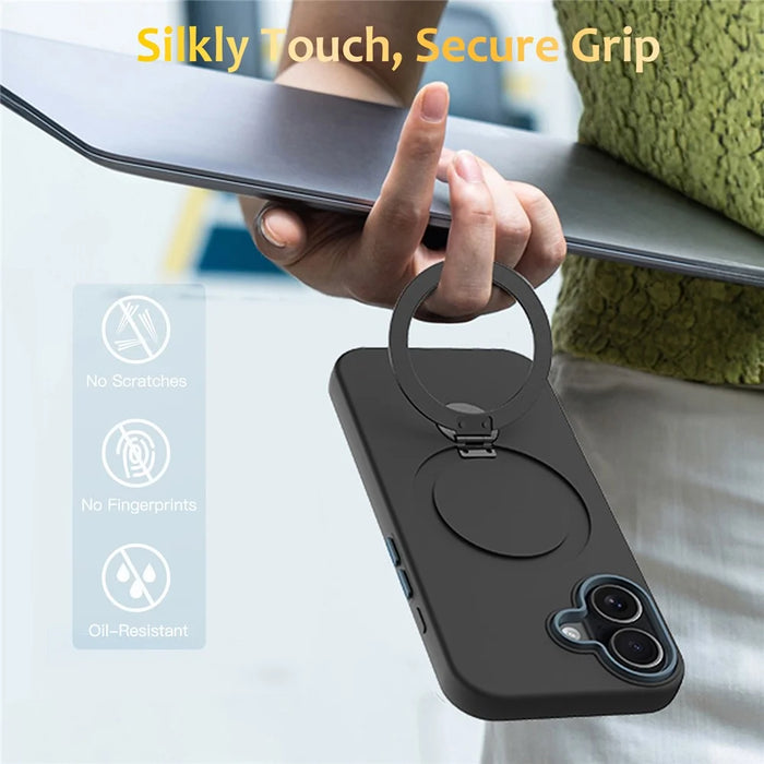 For iPhone 16 Case Compatible with MagSafe Rotating Ring Kickstand TPU + PC Phone Back Cover - Black - 2