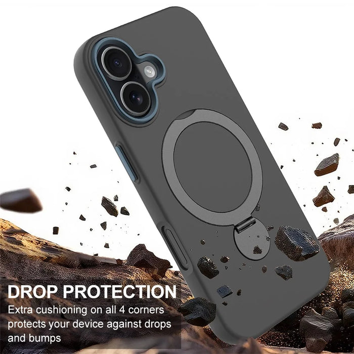 For iPhone 16 Case Compatible with MagSafe Rotating Ring Kickstand TPU + PC Phone Back Cover - Black - 4