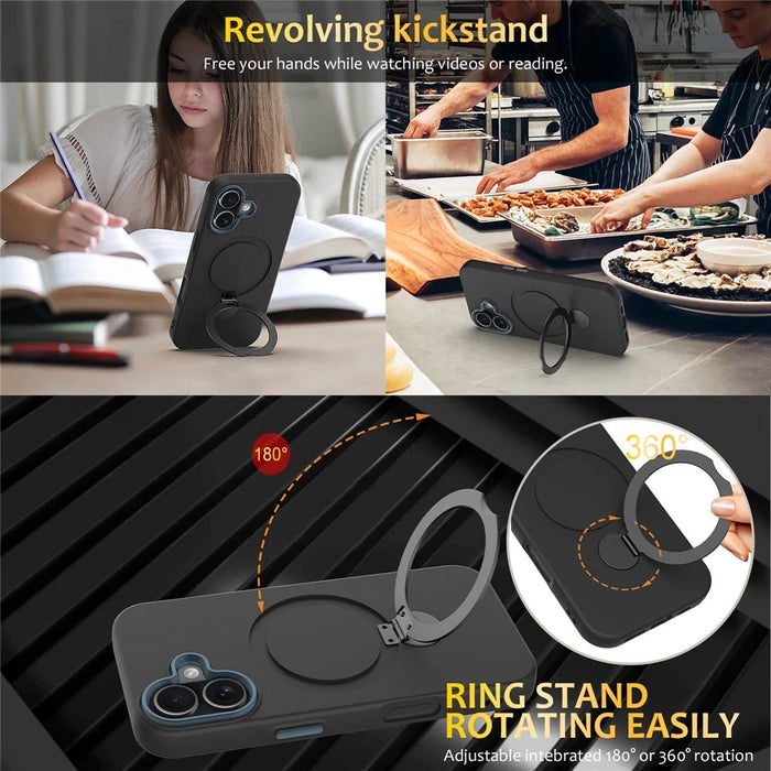 For iPhone 16 Case Compatible with MagSafe Rotating Ring Kickstand TPU + PC Phone Back Cover - Black - 5