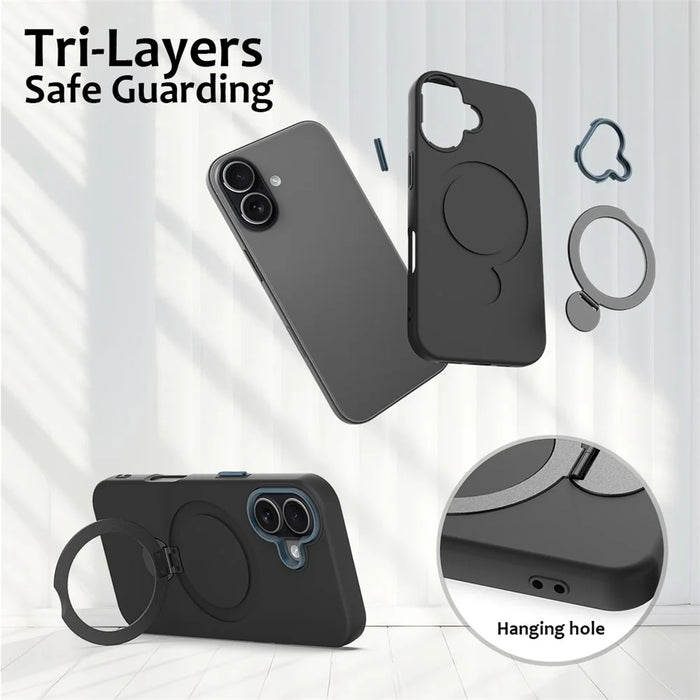 For iPhone 16 Case Compatible with MagSafe Rotating Ring Kickstand TPU + PC Phone Back Cover - Black - 6
