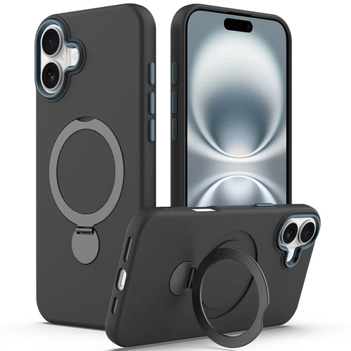 For iPhone 16 Plus Case Compatible with MagSafe Rotating Ring Kickstand TPU + PC Phone Back Cover - Black - 1