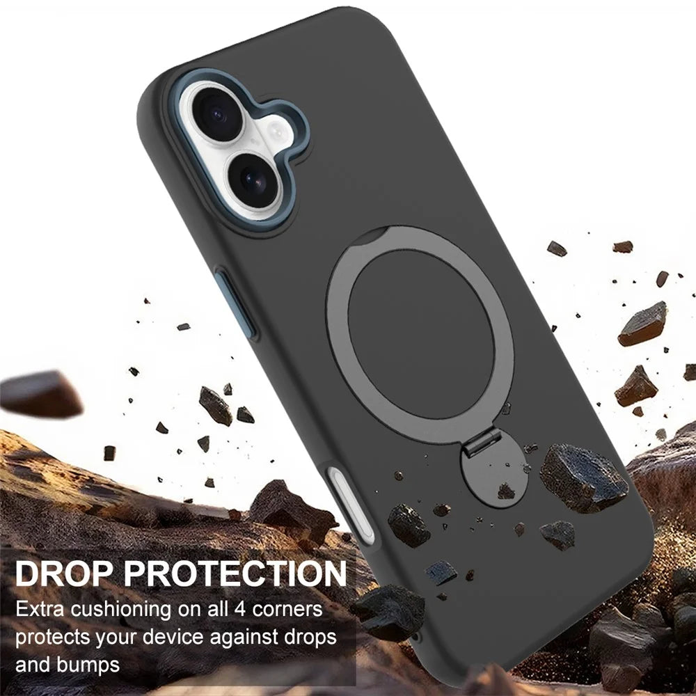 For iPhone 16 Plus Case Compatible with MagSafe Rotating Ring Kickstand TPU + PC Phone Back Cover - Black - 4