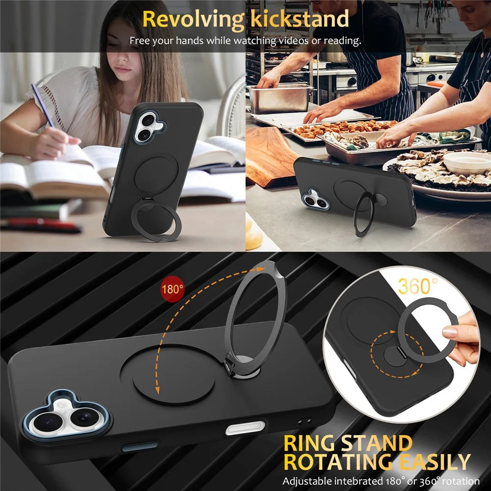 For iPhone 16 Plus Case Compatible with MagSafe Rotating Ring Kickstand TPU + PC Phone Back Cover - Black - 5