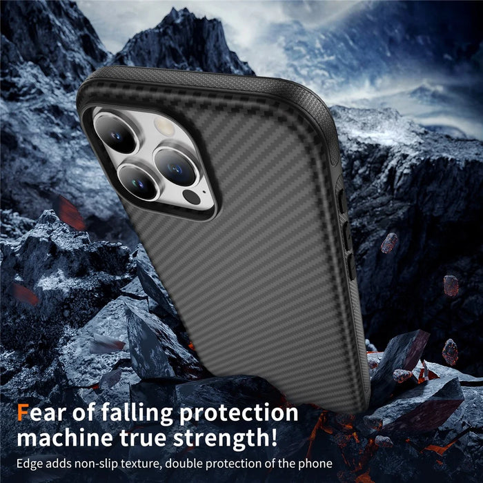 For iPhone 16 Pro Max Skin-touch Case Carbon Fiber Texture PC + TPU Back Cover Compatible with MagSafe - Black+Black - 6