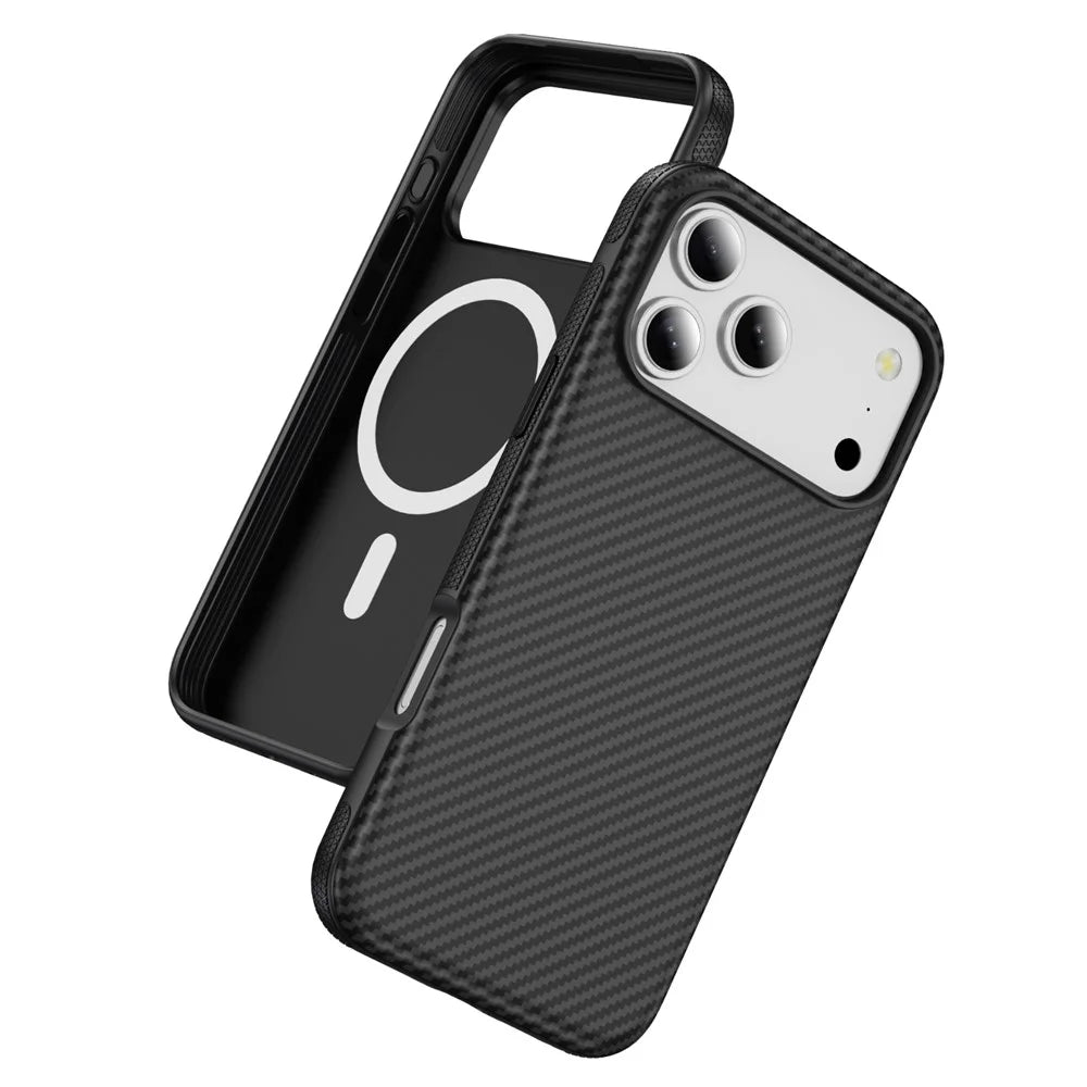 For iPhone 17 Pro Max Skin-touch Case Carbon Fiber Texture PC + TPU Back Cover Compatible with MagSafe - Black+Black - 1