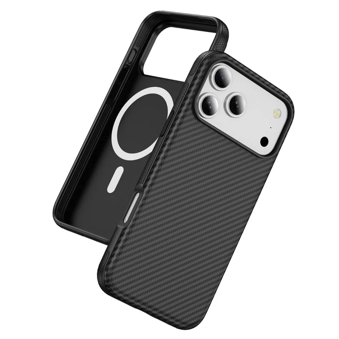 For iPhone 17 Pro Max Skin-touch Case Carbon Fiber Texture PC + TPU Back Cover Compatible with MagSafe - Black+Black - 1