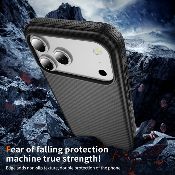 For iPhone 17 Pro Max Skin-touch Case Carbon Fiber Texture PC + TPU Back Cover Compatible with MagSafe - Black+Black - 6