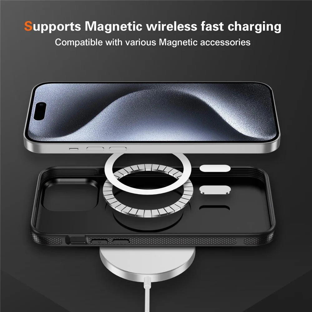 For iPhone 15 Pro Skin-touch Case Carbon Fiber Texture PC + TPU Back Cover Compatible with MagSafe - Black+Black - 4