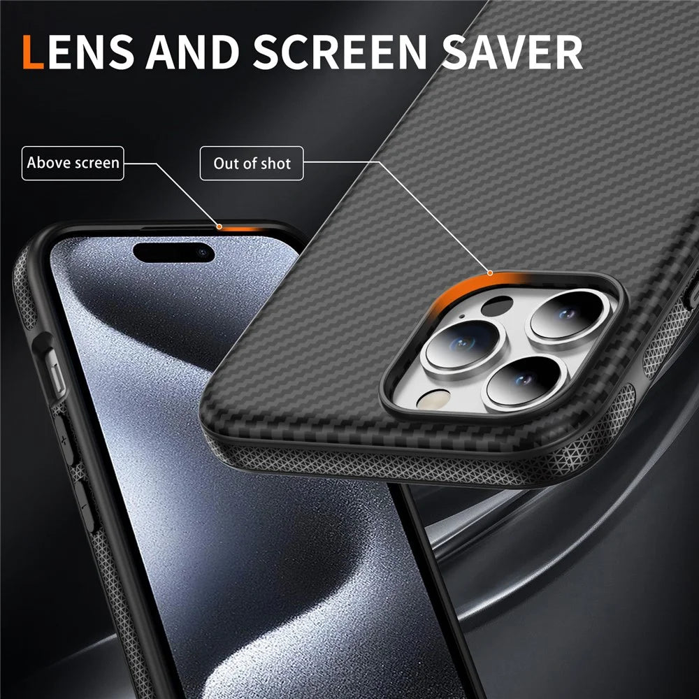 For iPhone 15 Pro Skin-touch Case Carbon Fiber Texture PC + TPU Back Cover Compatible with MagSafe - Black+Black - 5