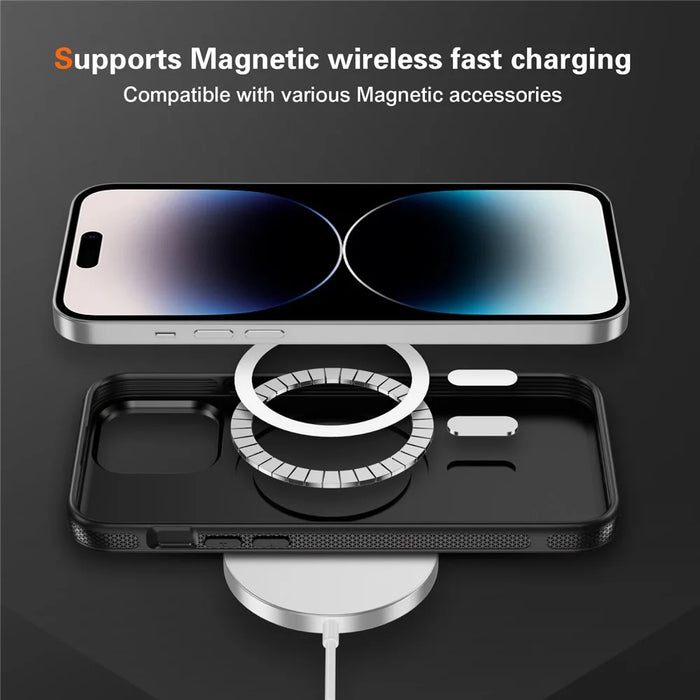 For iPhone 14 Pro Skin-touch Case Carbon Fiber Texture PC + TPU Back Cover Compatible with MagSafe - Black+Black - 4