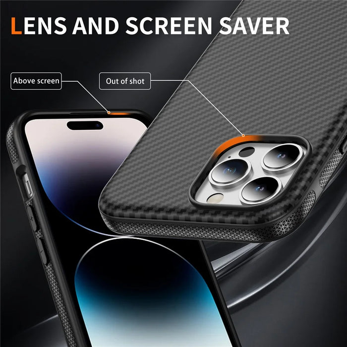 For iPhone 14 Pro Skin-touch Case Carbon Fiber Texture PC + TPU Back Cover Compatible with MagSafe - Black+Black - 5
