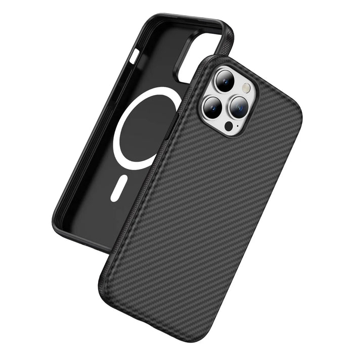 For iPhone 13 Pro Skin-touch Case Carbon Fiber Texture PC + TPU Back Cover Compatible with MagSafe - Black+Black - 1