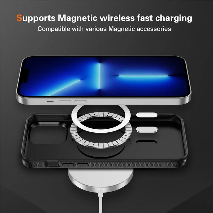 For iPhone 13 Pro Skin-touch Case Carbon Fiber Texture PC + TPU Back Cover Compatible with MagSafe - Black+Black - 4