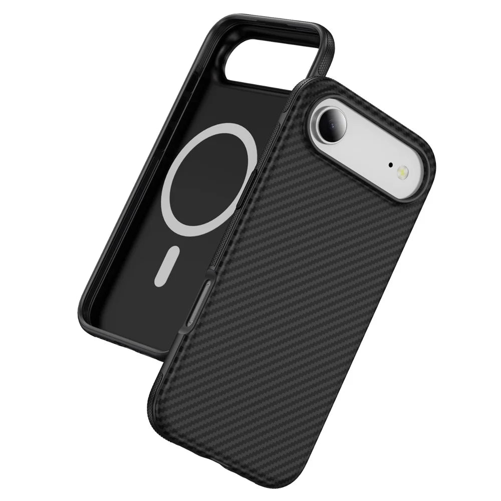 For iPhone Air Skin-touch Case Carbon Fiber Texture PC + TPU Back Cover Compatible with MagSafe - Black+Black - 1