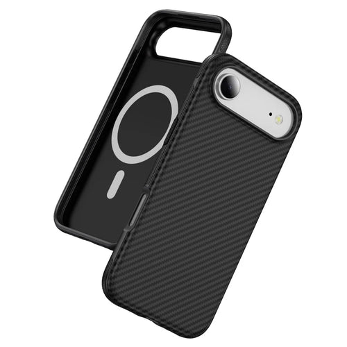 For iPhone Air Skin-touch Case Carbon Fiber Texture PC + TPU Back Cover Compatible with MagSafe - Black+Black - 1