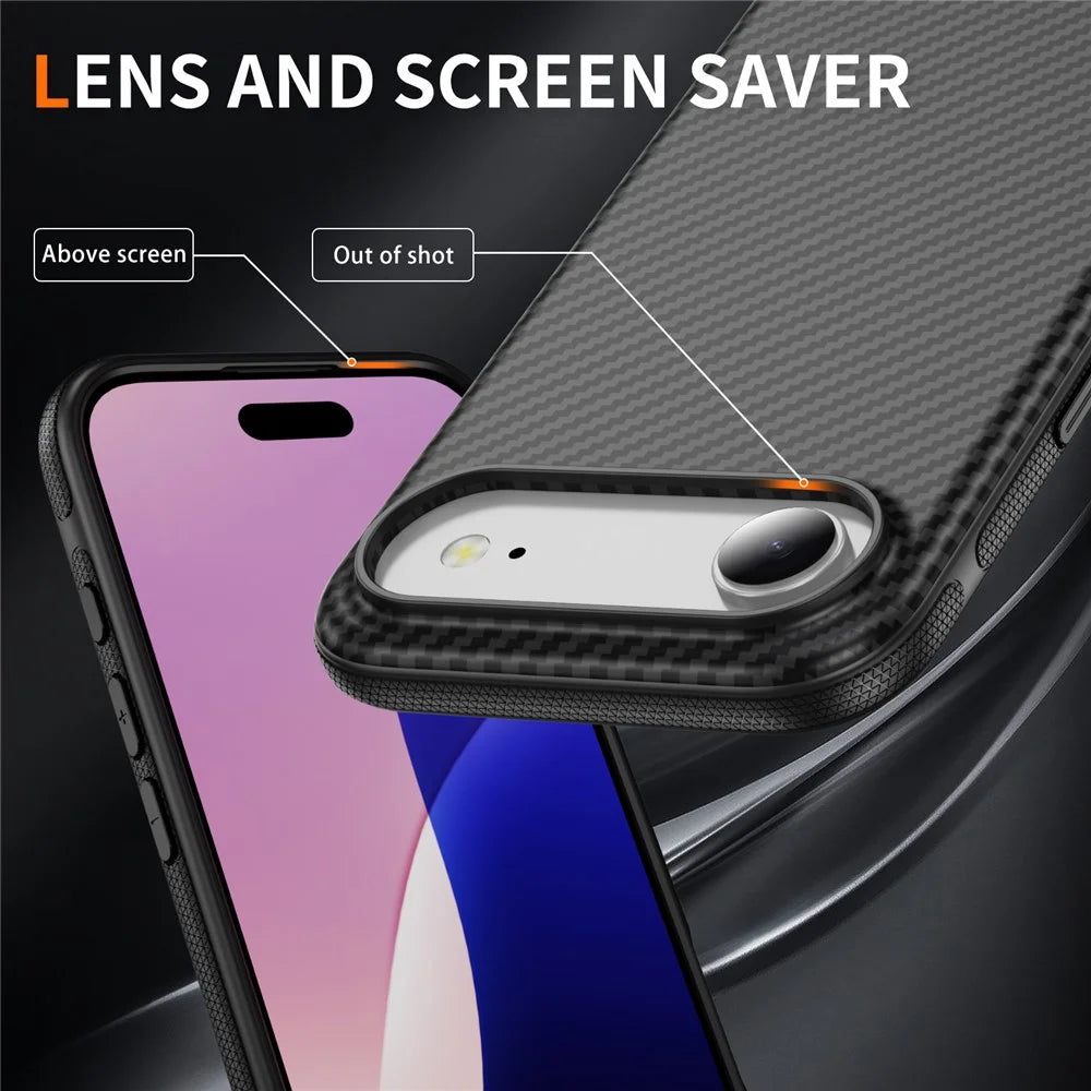 For iPhone Air Skin-touch Case Carbon Fiber Texture PC + TPU Back Cover Compatible with MagSafe - Black+Black - 5