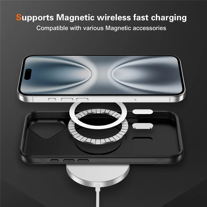 For iPhone 16 Skin-touch Case Carbon Fiber Texture PC + TPU Back Cover Compatible with MagSafe - Black+Black - 4