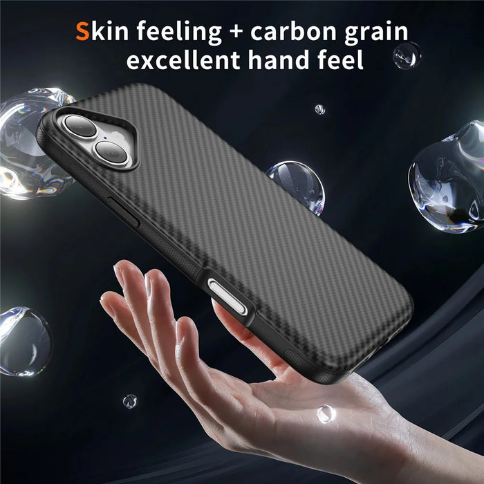 For iPhone 16 Skin-touch Case Carbon Fiber Texture PC + TPU Back Cover Compatible with MagSafe - Black+Black - 7