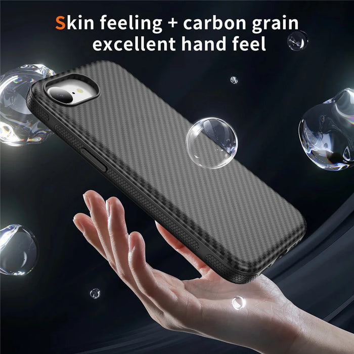 For iPhone 17e / 16e Skin-touch Case Carbon Fiber Texture PC + TPU Back Cover Compatible with MagSafe - Black+Black - 7