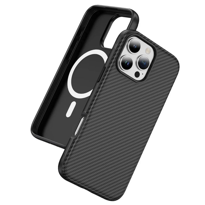For iPhone 16 Pro Skin-touch Case Carbon Fiber Texture PC + TPU Back Cover Compatible with MagSafe - Black+Black - 1