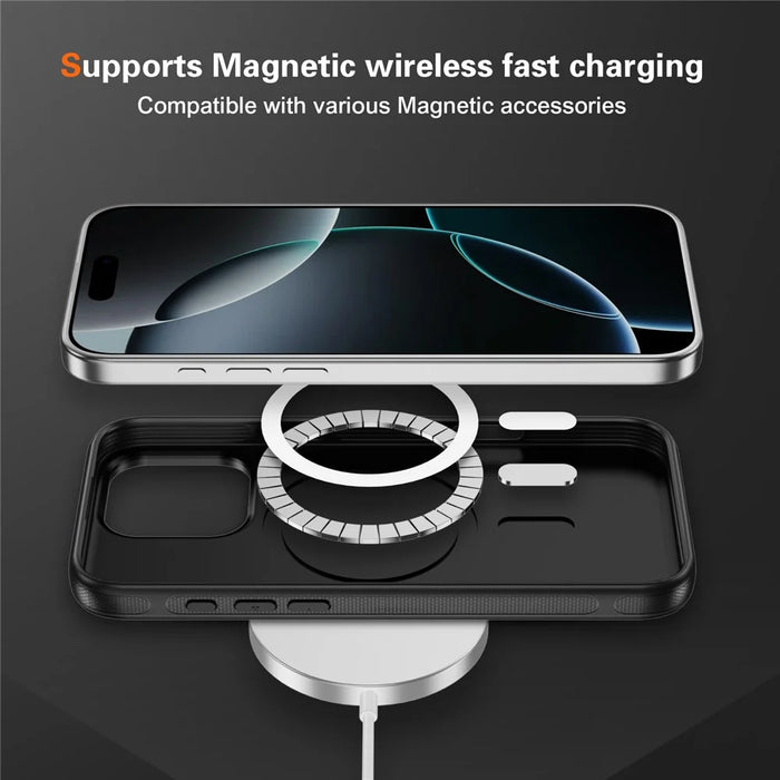 For iPhone 16 Pro Skin-touch Case Carbon Fiber Texture PC + TPU Back Cover Compatible with MagSafe - Black+Black - 4