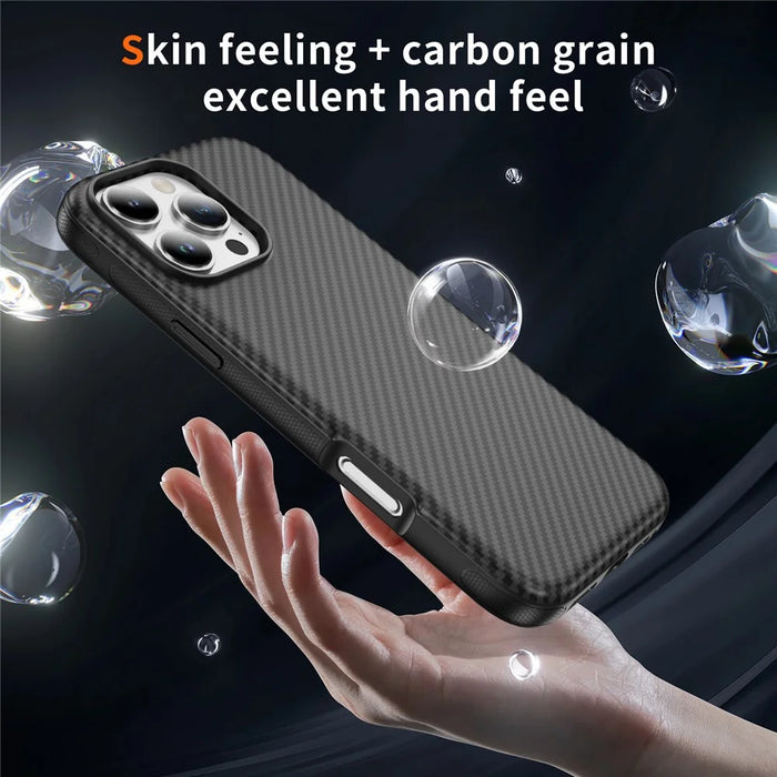 For iPhone 16 Pro Skin-touch Case Carbon Fiber Texture PC + TPU Back Cover Compatible with MagSafe - Black+Black - 7