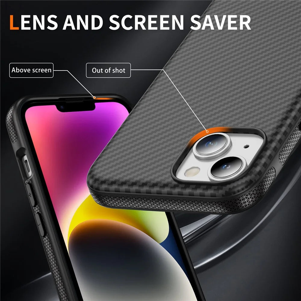 For iPhone 15 Plus / 14 Plus Skin-touch Case Carbon Fiber Texture PC + TPU Back Cover Compatible with MagSafe - Black+Black - 4