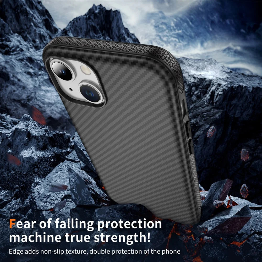For iPhone 15 Plus / 14 Plus Skin-touch Case Carbon Fiber Texture PC + TPU Back Cover Compatible with MagSafe - Black+Black - 6