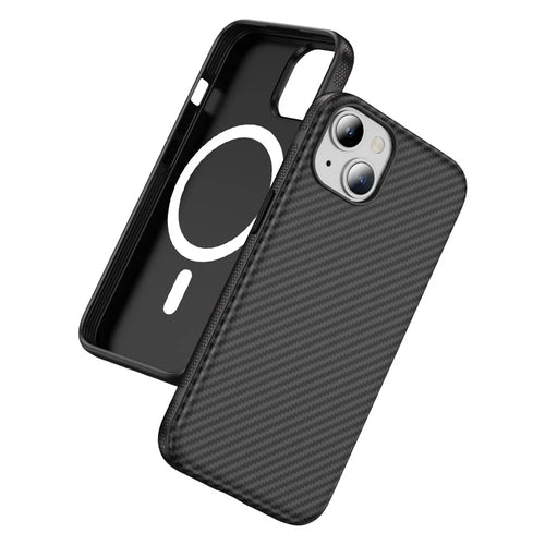 For iPhone 14 / 13 Skin-touch Case Carbon Fiber Texture PC + TPU Back Cover Compatible with MagSafe - Black+Black - 1