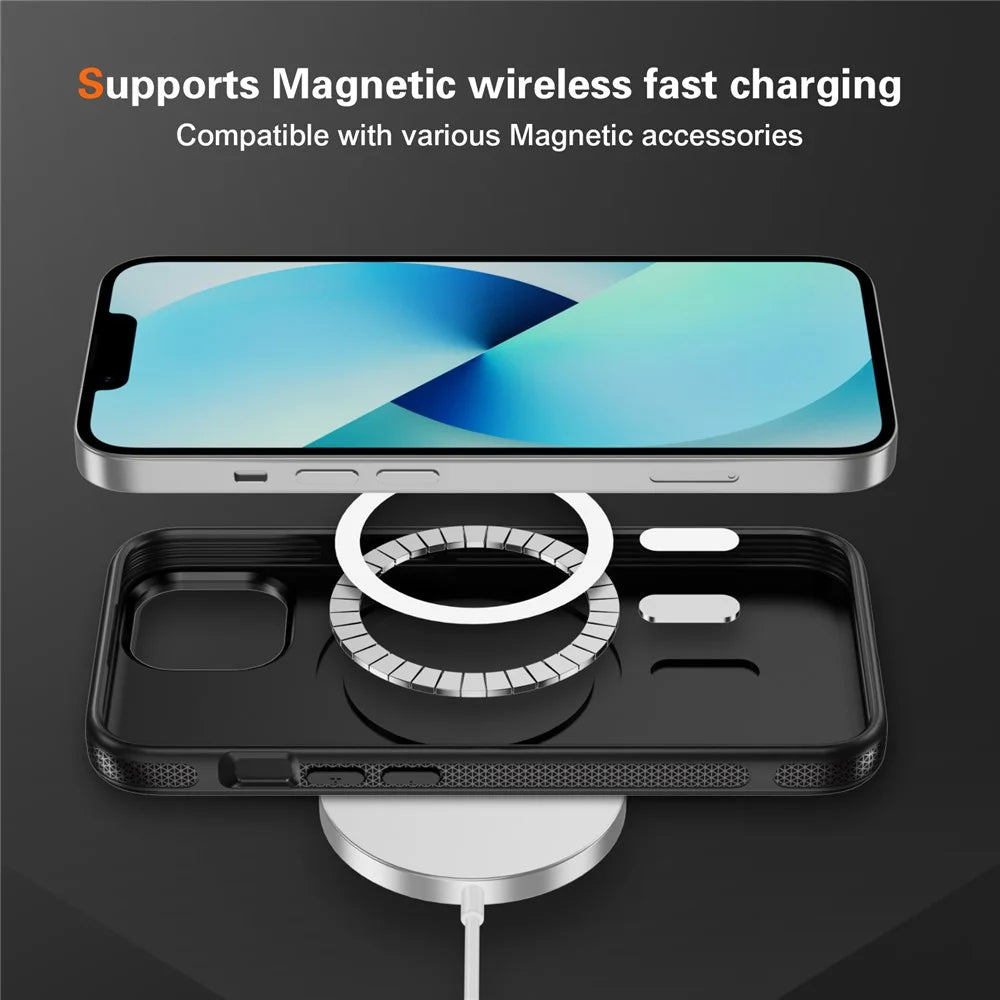 For iPhone 14 / 13 Skin-touch Case Carbon Fiber Texture PC + TPU Back Cover Compatible with MagSafe - Black+Black - 3
