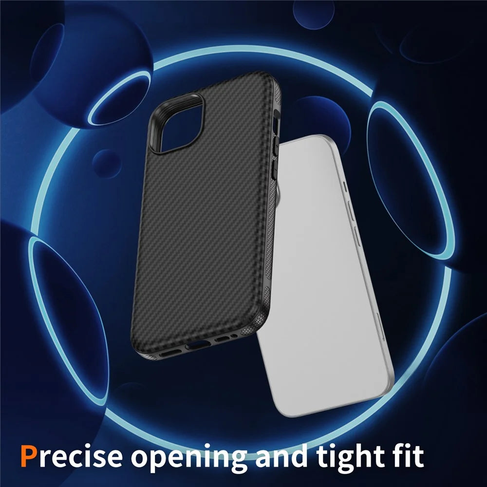 For iPhone 14 / 13 Skin-touch Case Carbon Fiber Texture PC + TPU Back Cover Compatible with MagSafe - Black+Black - 4
