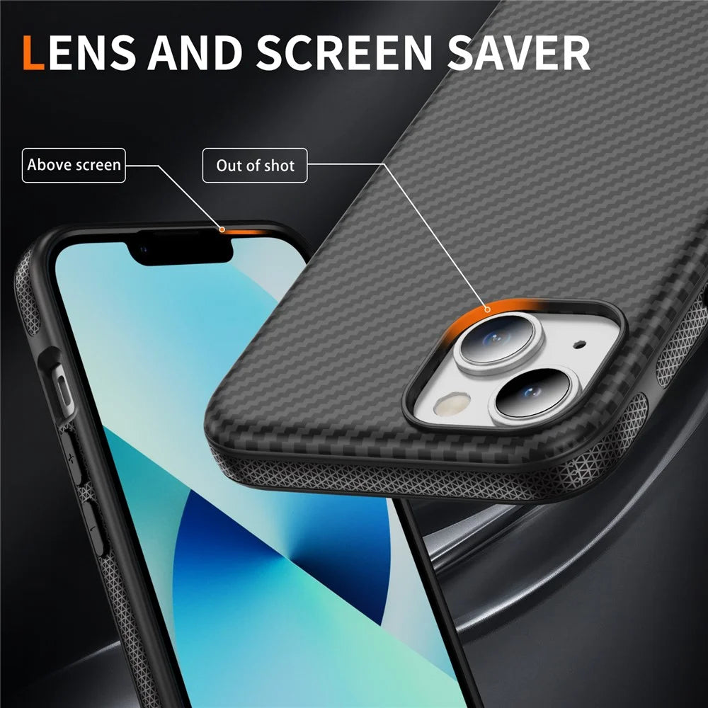 For iPhone 14 / 13 Skin-touch Case Carbon Fiber Texture PC + TPU Back Cover Compatible with MagSafe - Black+Black - 5