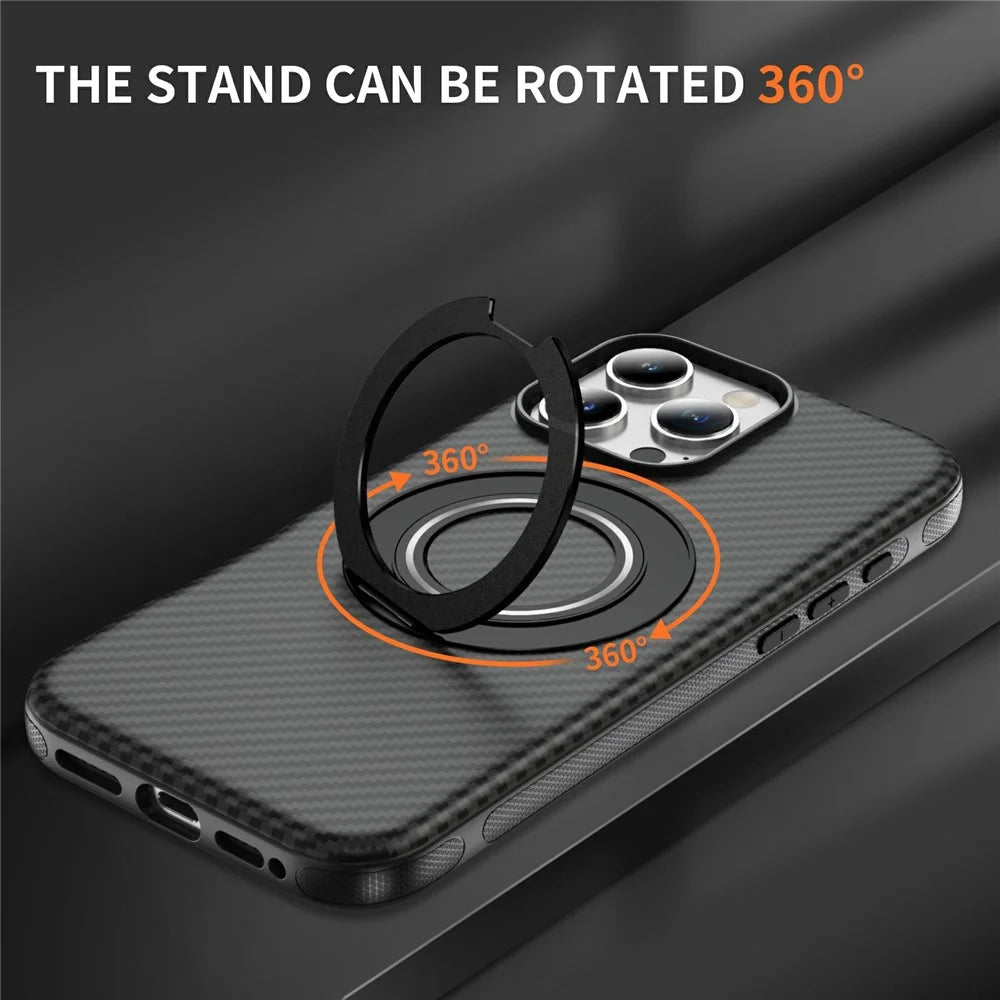 For iPhone 16 Pro Max Case Compatible with MagSafe Carbon Fiber Texture PC + TPU Back Cover with Ring Kickstand - Black+Black - 2