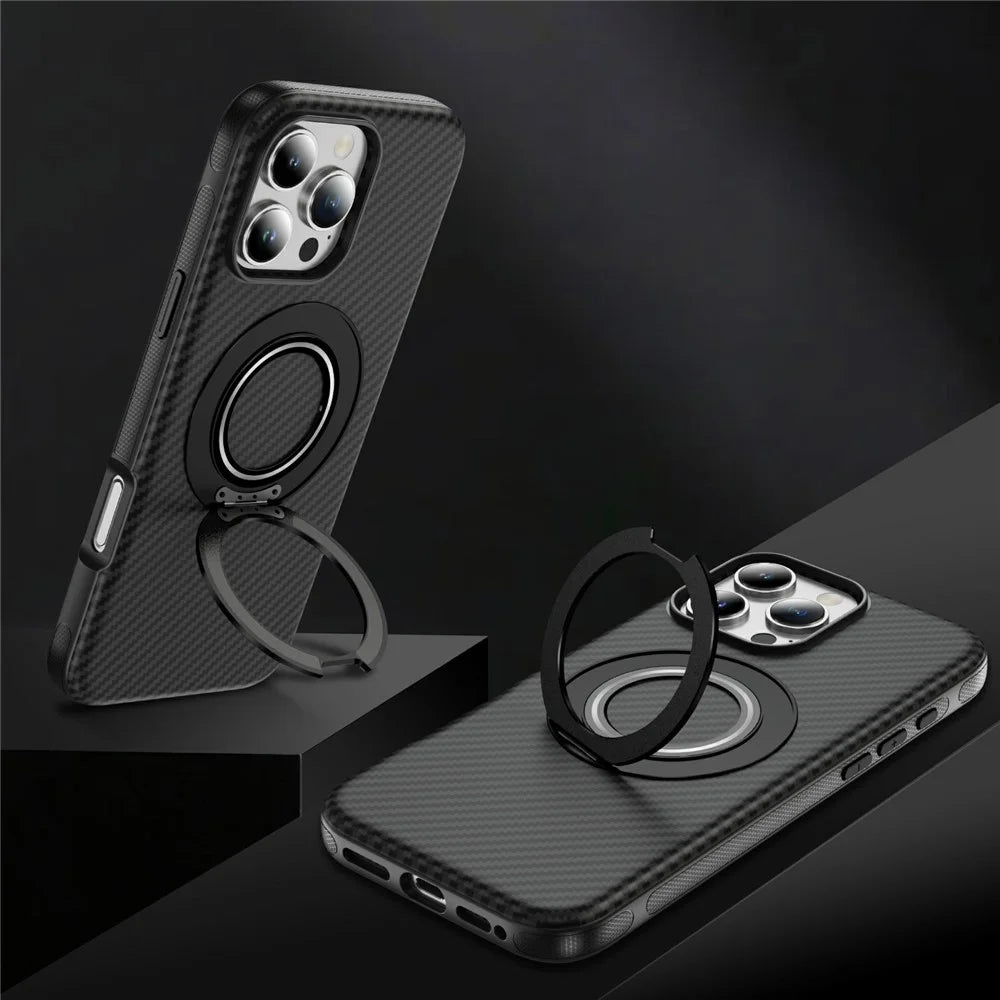 For iPhone 16 Pro Max Case Compatible with MagSafe Carbon Fiber Texture PC + TPU Back Cover with Ring Kickstand - Black+Black - 3