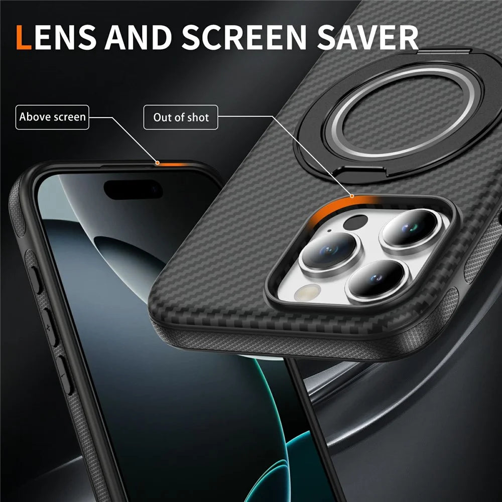 For iPhone 16 Pro Max Case Compatible with MagSafe Carbon Fiber Texture PC + TPU Back Cover with Ring Kickstand - Black+Black - 4