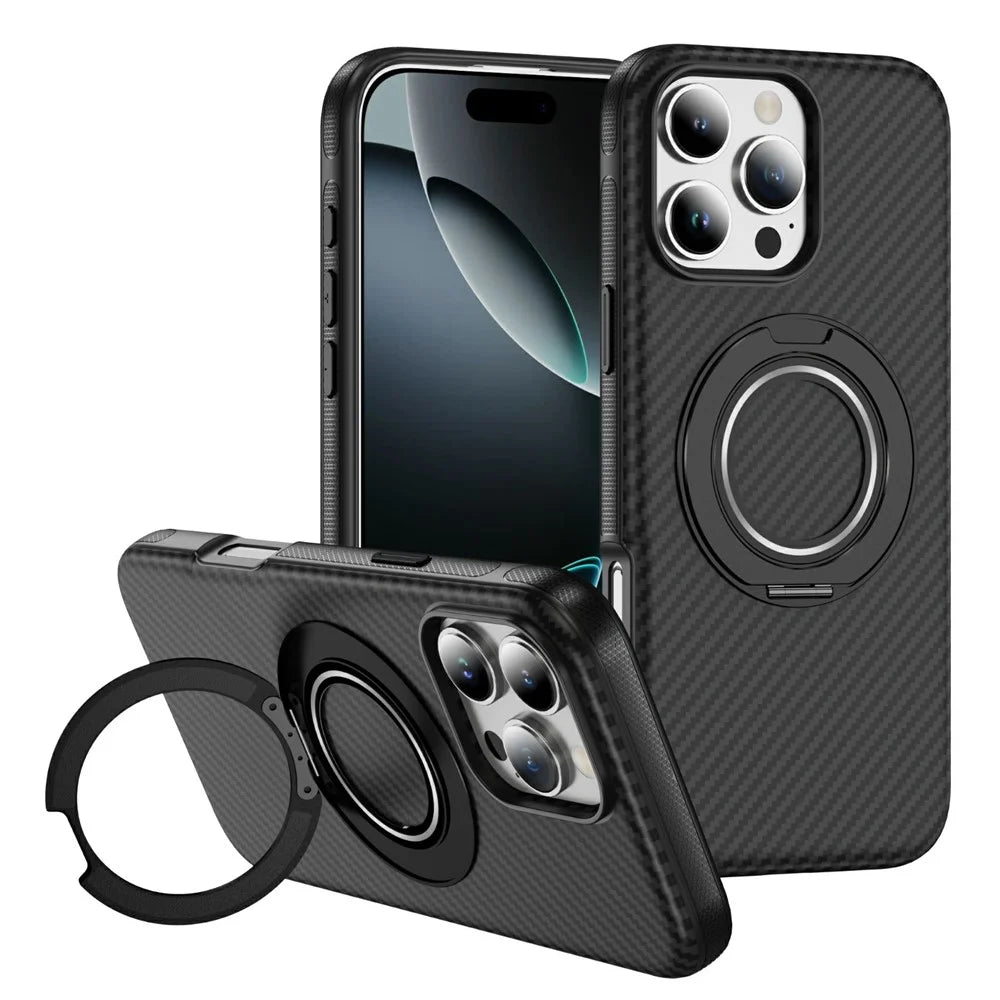 For iPhone 16 Pro Case Compatible with MagSafe Carbon Fiber Texture PC + TPU Back Cover with Ring Kickstand - Black+Black - 1