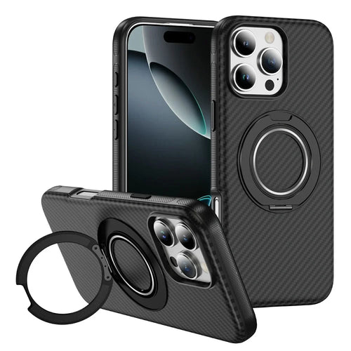 For iPhone 16 Pro Case Compatible with MagSafe Carbon Fiber Texture PC + TPU Back Cover with Ring Kickstand - Black+Black - 1