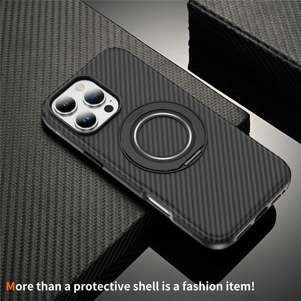 For iPhone 16 Pro Case Compatible with MagSafe Carbon Fiber Texture PC + TPU Back Cover with Ring Kickstand - Black+Black - 5