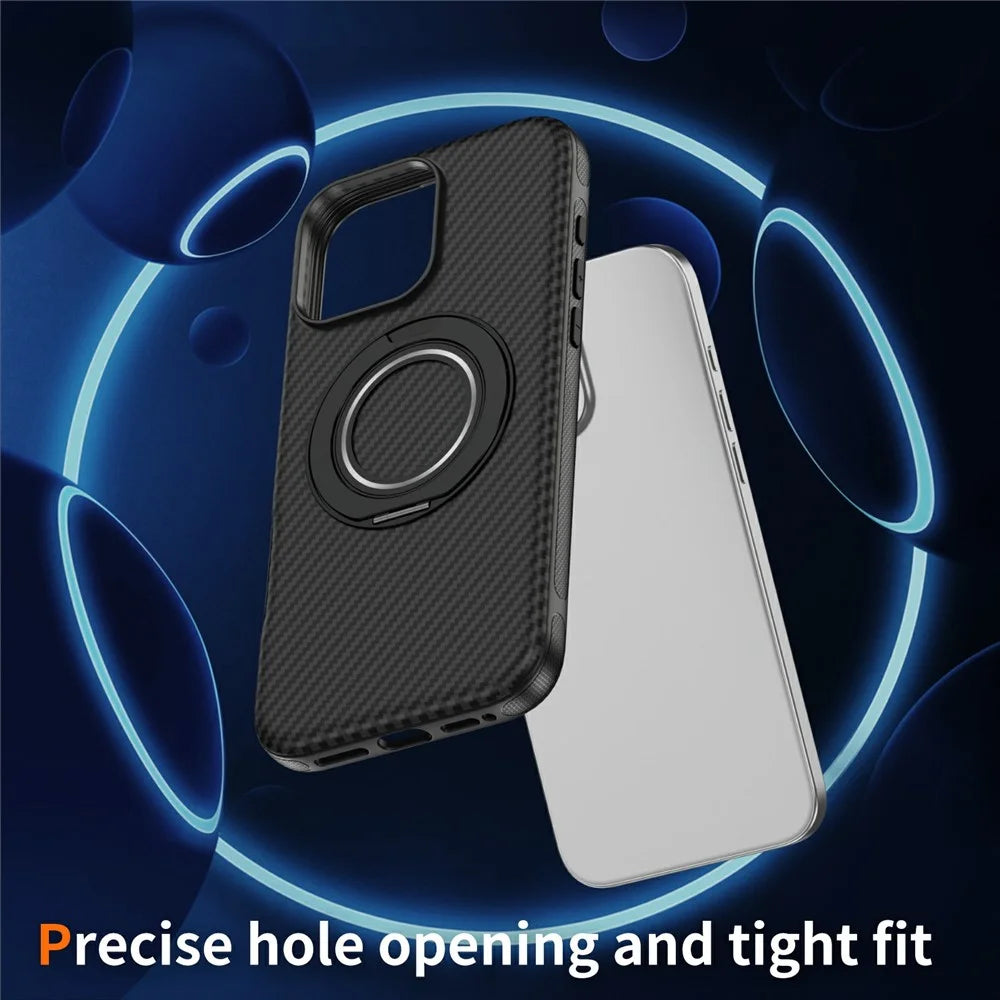 For iPhone 16 Pro Case Compatible with MagSafe Carbon Fiber Texture PC + TPU Back Cover with Ring Kickstand - Black+Black - 6