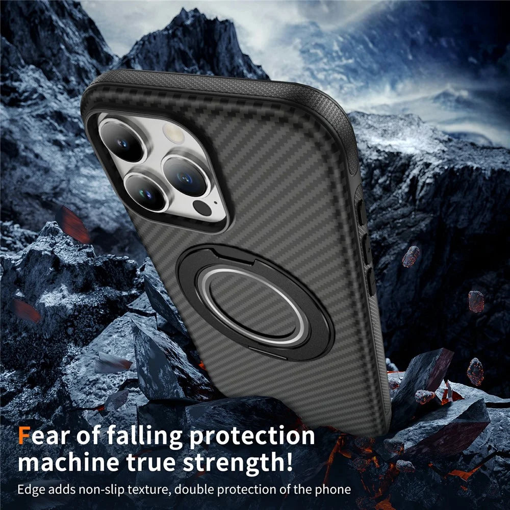 For iPhone 16 Pro Case Compatible with MagSafe Carbon Fiber Texture PC + TPU Back Cover with Ring Kickstand - Black+Black - 7
