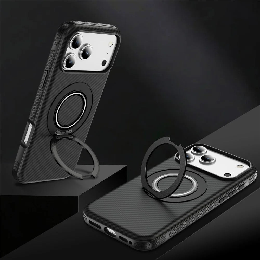 For iPhone 17 Pro Max Case Compatible with MagSafe Carbon Fiber Texture PC + TPU Back Cover with Ring Kickstand - Black+Black - 3